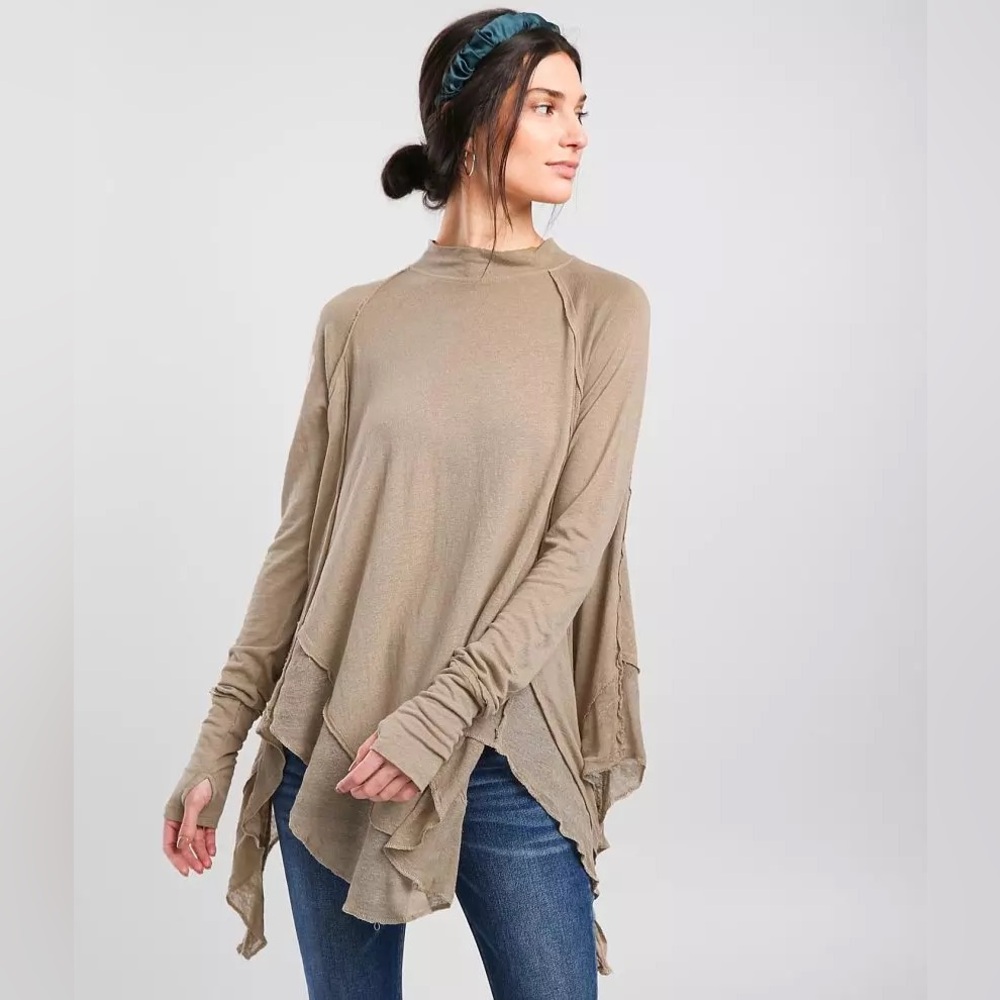 We the Free FP Starlight Ruffled Mock Neck Linen Blend Tunic Top in Green